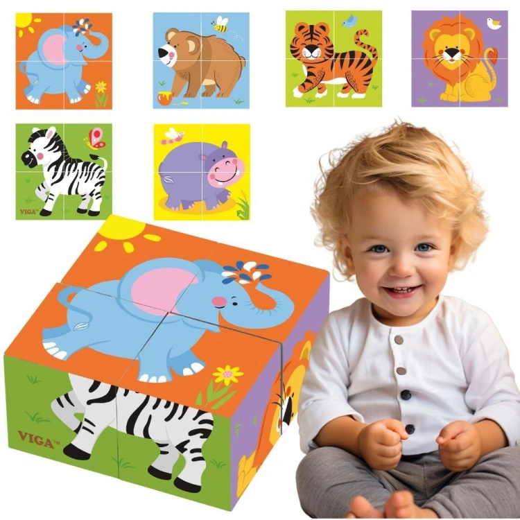 Układanka drewniana Zoo Puzzle 4 klocki z motywem lwa i innych zwierząt w kolorach naturalnych