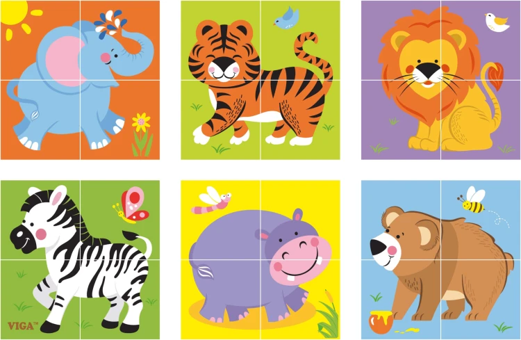 Drewniana układanka Zoo Puzzle w trakcie zabawy, klocki z kolorowymi ilustracjami zwierząt