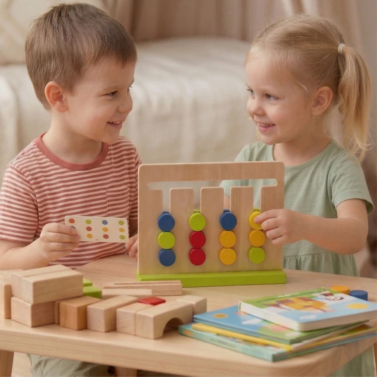 Zbliżenie kolorowych elementów — 18 el. zestawu TOOKY TOY do układania wzorów na czas