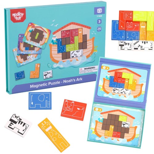 Układanka Magnetyczna TOOKY TOY — Arka Noego 26 el., kolorowe klocki i plansza Montessori