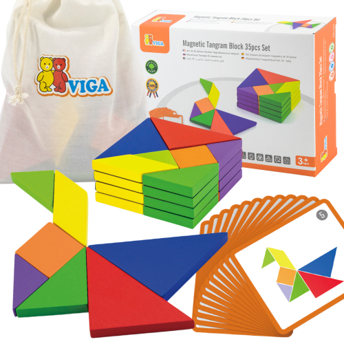 Tangram drewniany VIGA — zestaw kolorowych elementów ułożonych w otwartym pudełku, certyfikat FSC widoczny