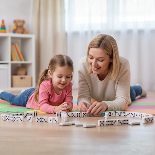 Zbliżenie kostek domino WOOPIE — detale oczek i powierzchni pojedynczych elementów widoczne z boku