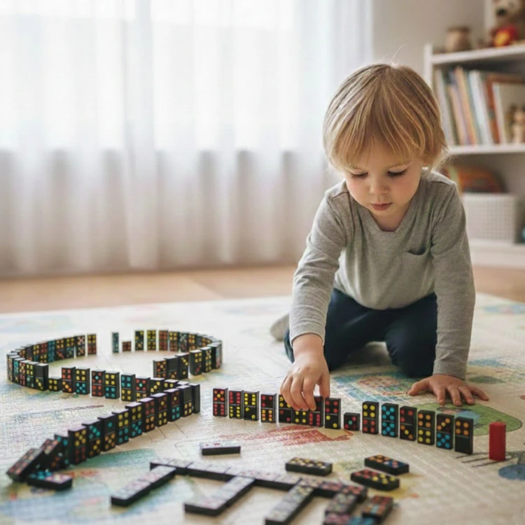 Pudełko otwarte — gra logiczna domino WOOPIE z 28 klockami ułożonymi w przegródkach