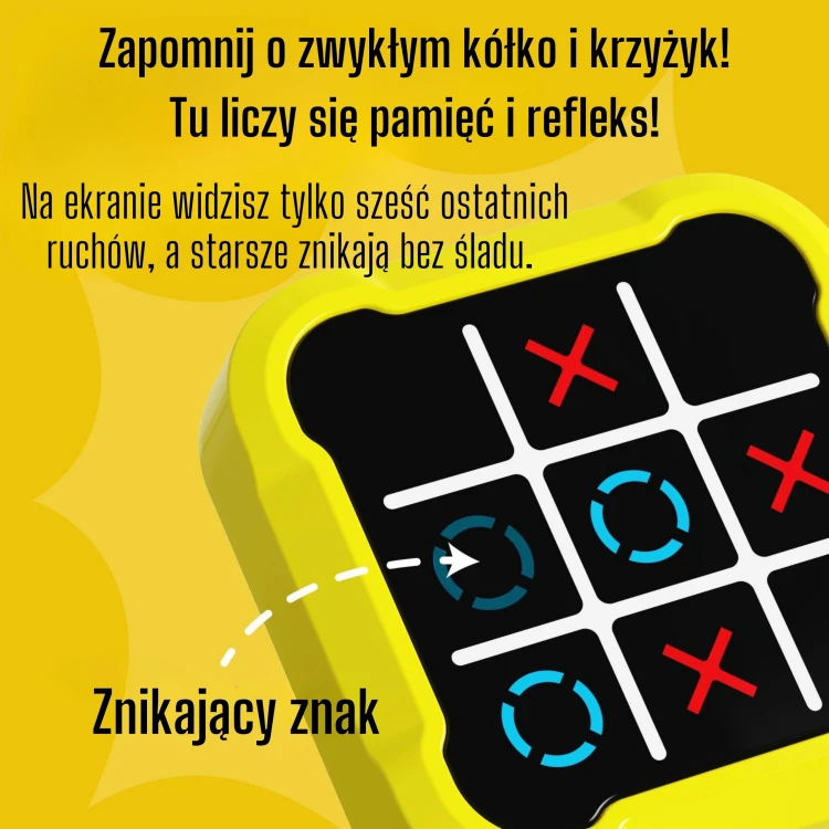 Widok od góry konsoli WOOPIE — pola gry Kółko i Krzyżyk oraz czytelny układ przycisków