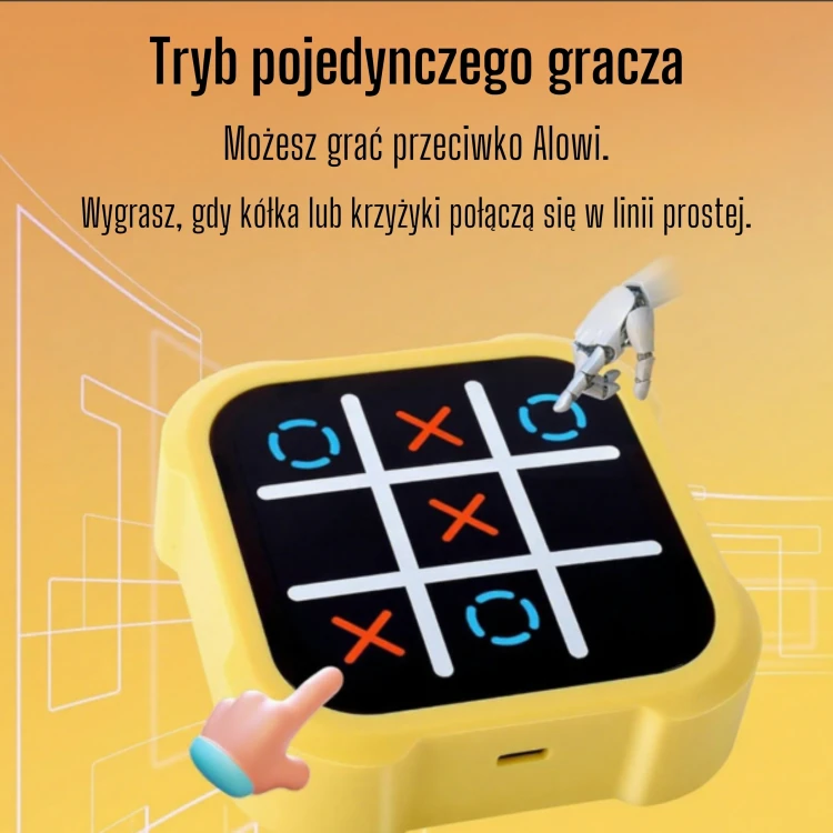 Przykład rozgrywki WOOPIE — konsola w użyciu, wyświetlone symbole Kółko i Krzyżyk na planszy