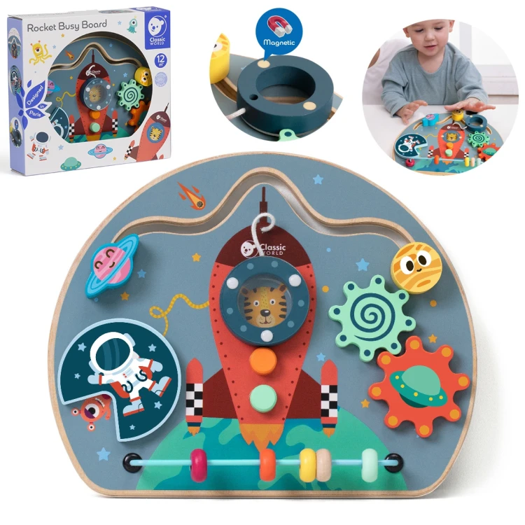 Tablica manipulacyjna 6w1 Rakieta CLASSIC WORLD — widok frontowy z kolorowymi elementami do zabawy