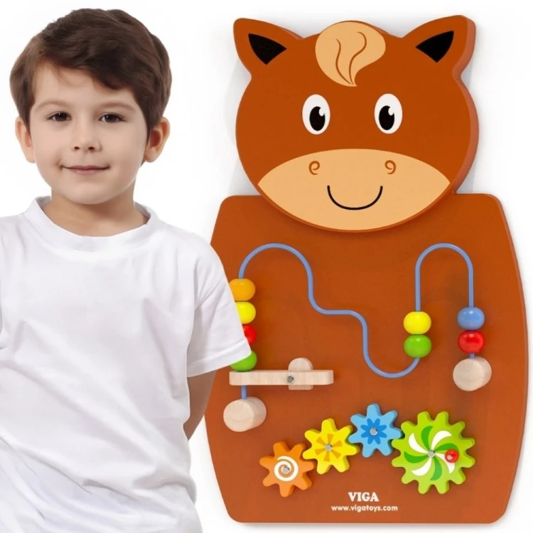Drewniana tablica manipulacyjna Konik VIGA 89 — edukacyjna plansza sensoryczna z elementami Montessori