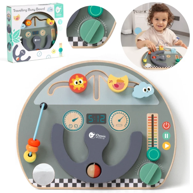Tablica manipulacyjna 6w1 CLASSIC WORLD — front z panelem sensorycznym, uchwytem podróżnym i kolorowymi elementami