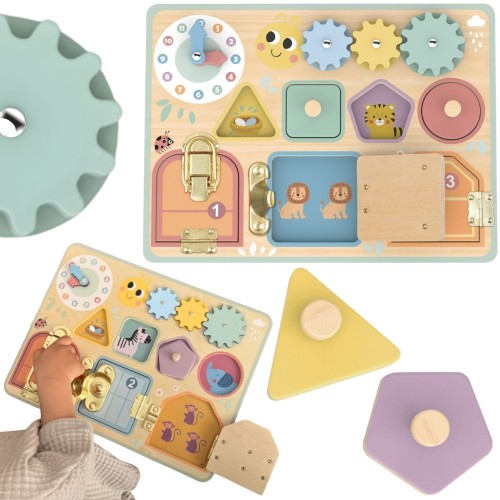 Tablica manipulacyjna TOOKY TOY z zamkami i zębatkami — kolorowy sorter z ruchomym zegarem