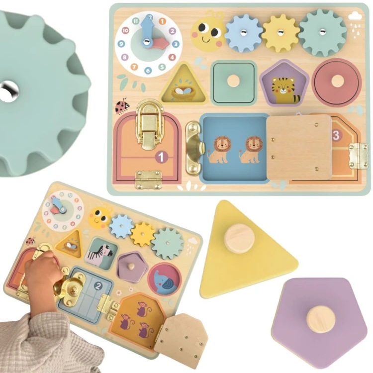 Tablica manipulacyjna TOOKY TOY z zamkami i zębatkami — kolorowy sorter z ruchomym zegarem