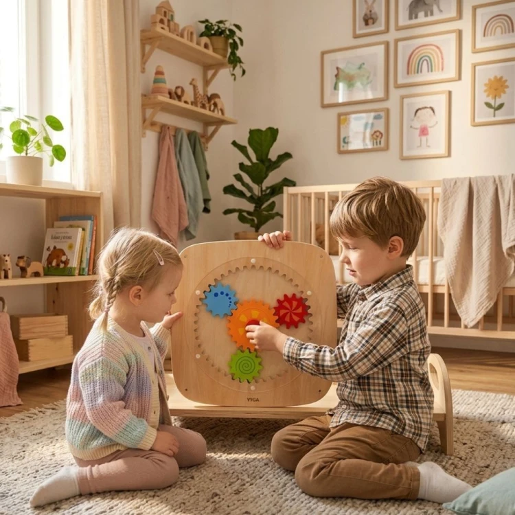 Ręce dziecka kręcą kołami zębatymi na tablicy Montessori VIGA — interakcja sensoryczna i ćwiczenie motoryki