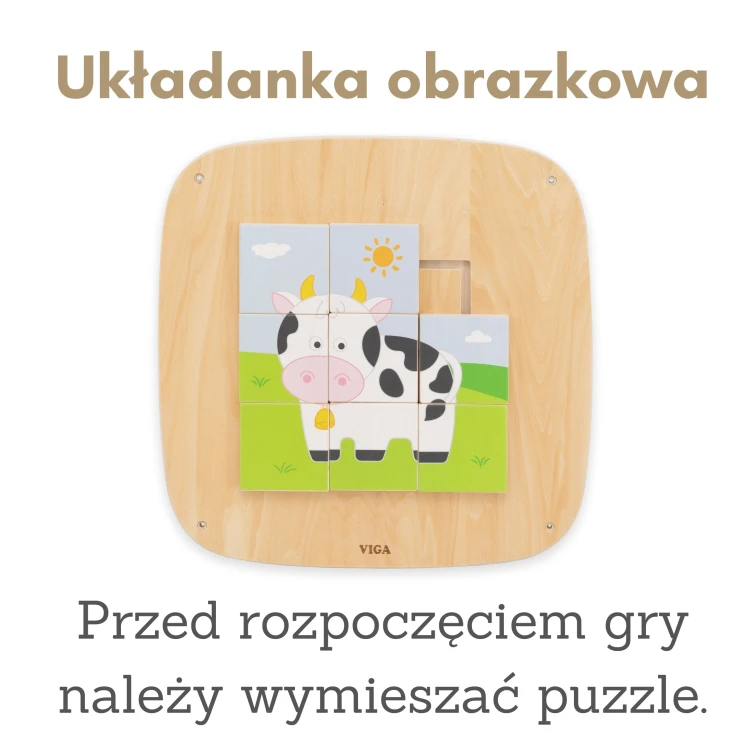 Kompozycja wszystkich elementów układanki obrazkowej VIGA rozłożonych na jasnym tle, szczegóły i faktura drewna