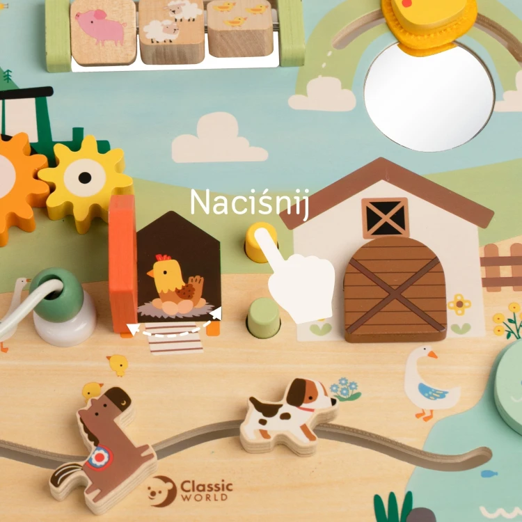 Detal tablicy CLASSIC WORLD - kolorowe ruchome elementy i części do manipulacji na motywie farmy