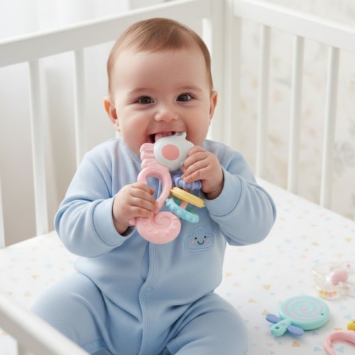 Zbliżenie na silikonowy gryzak z zestawu WOOPIE BABY — wyraźna faktura i elementy sensoryczne widoczne z bliska
