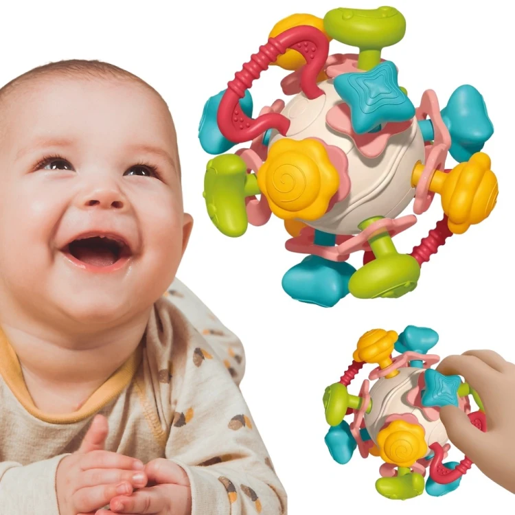 Miękka grzechotka 4w1 WOOPIE BABY - frontowy widok pokazujący całą zabawkę sensoryczną
