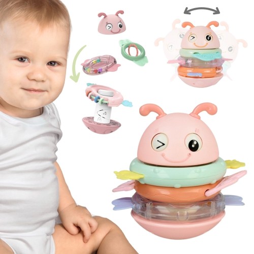 Wańka Wstańka sensoryczna 2w1 WOOPIE Baby 88 — różowa zabawka z grzechotką i gryzakiem