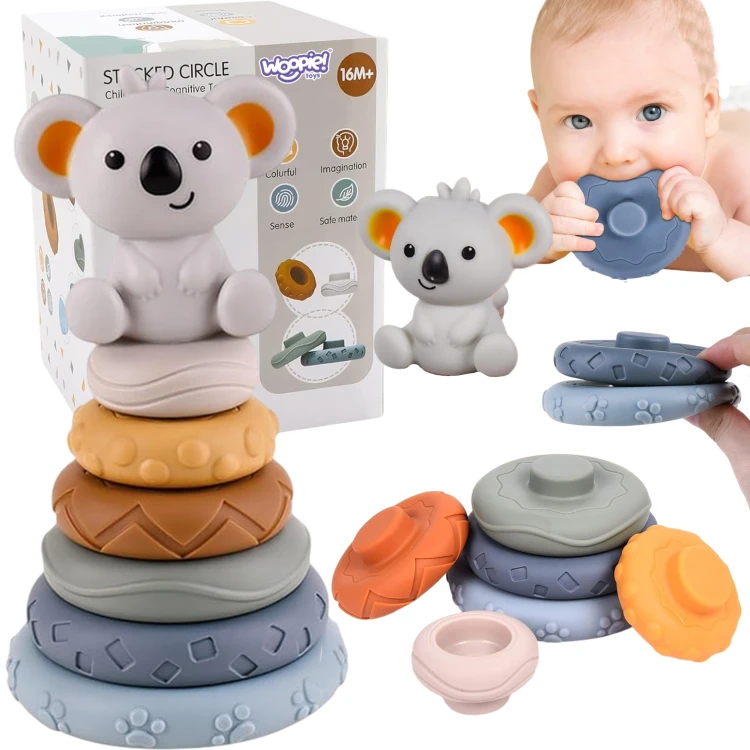 Edukacyjna piramidka Koala 2w1 z gryzakiem WOOPIE BABY 88 — kolorowy zestaw angażujący malucha do zabawy i nauki