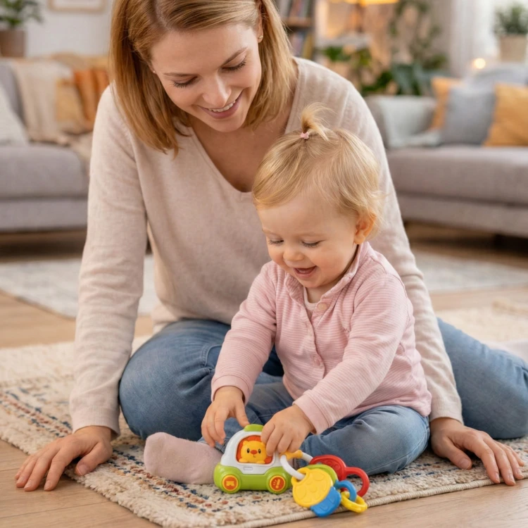 Kluczyki z grzechotką i zawieszką — widok z boku interaktywnego samochodzika Woopie Baby