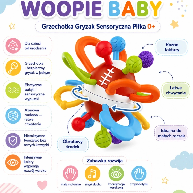 Rączka niemowlaka trzymająca kolorową grzechotkę WOOPIE Baby