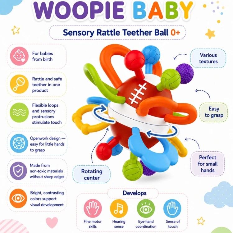 Estetyczne opakowanie z okienkiem grzechotki sensorycznej WOOPIE Baby