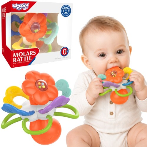 Sensoryczna grzechotka i gryzak Kwiatek Woopie Baby z kolorowymi elementami i dźwiękowymi kuleczkami