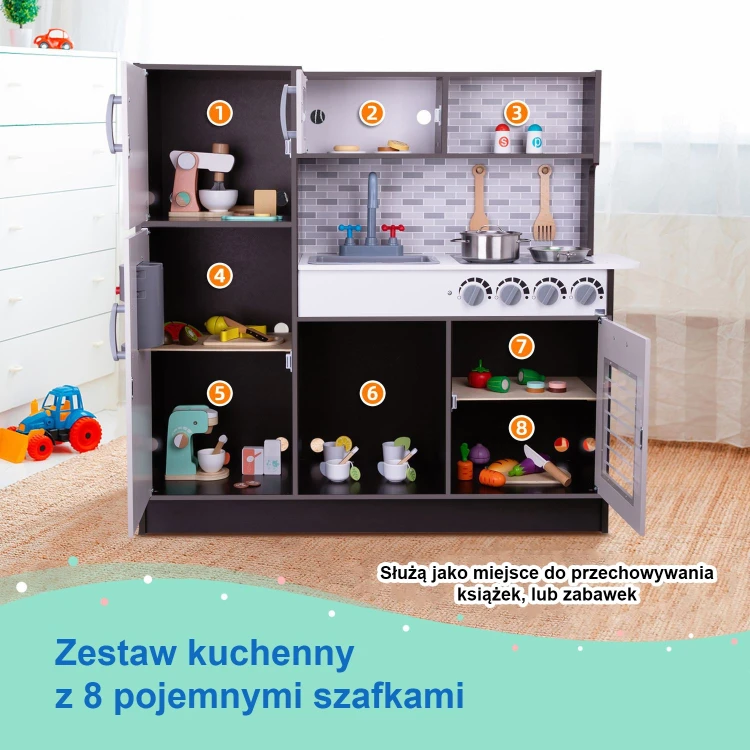 Zbliżenie na piekarnik i mikrofalówkę kuchni drewnianej TOOKY TOY z otwieranymi drzwiczkami