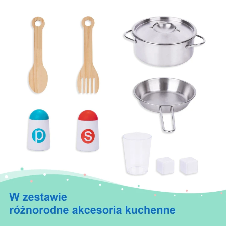 Stabilna konstrukcja drewnianej kuchni TOOKY TOY z magnetycznym zamykaniem szafek