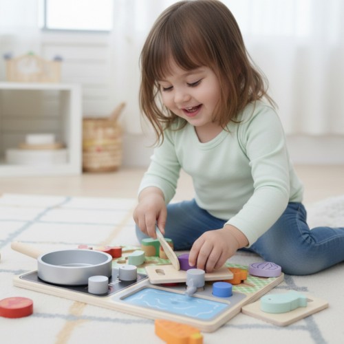 Zbliżenie na palniki i gałki sterujące w drewnianej kuchni TOOKY TOY — detale akcesoriów