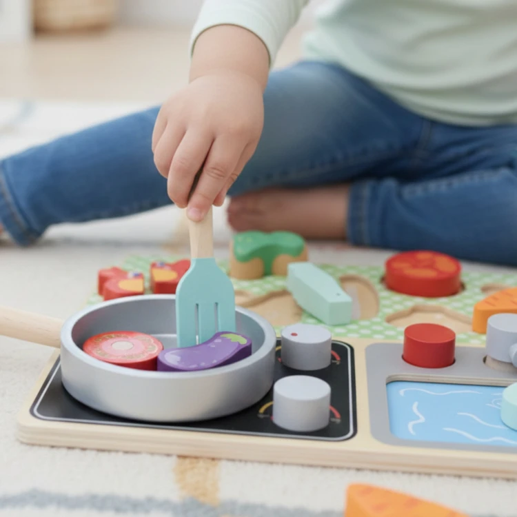 Wnętrze piekarnika w kuchni TOOKY TOY — półka i uchwyt, pokazane elementy do zabawy