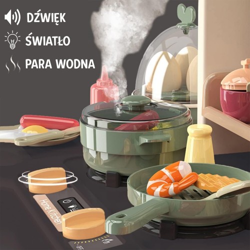 Widok z boku kuchni WOOPIE — zlew z ruchomym kranem, pokrętła i otwierane drzwiczki, detal z bliska