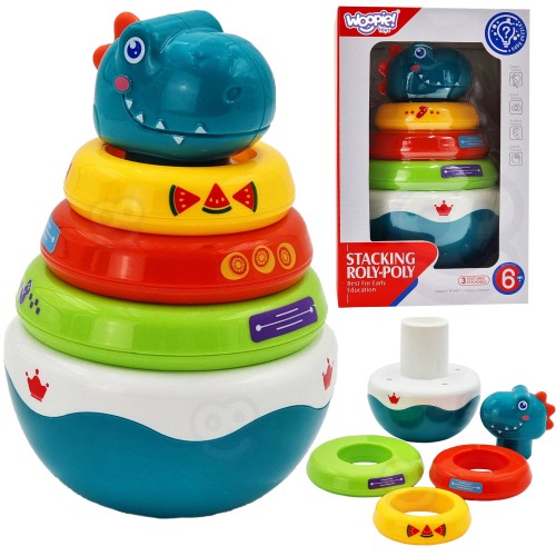 Piramidka Dino WOOPIE BABY 88 — kolorowa zabawka sensoryczna i układanka dla niemowląt, widok z przodu