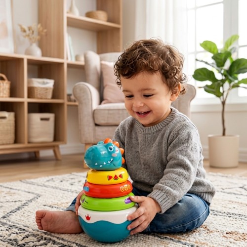 Zbliżenie na elementy piramidki Dino — wyraźne faktury i kształty układanki WOOPIE BABY 88 dla maluchów