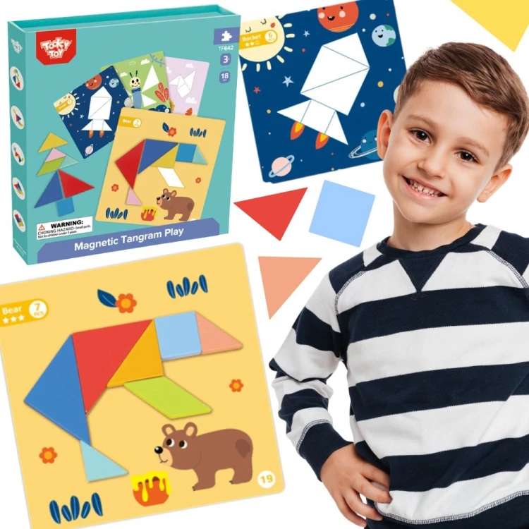 TOOKY TOY Puzzle Tangram 18el. — kolorowy zestaw kształtów do układania i nauki rozpoznawania figur