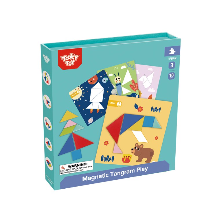 Zestaw edukacyjny Puzzle Tangram 18el. TOOKY TOY na fotografii prezentującej całą zawartość i układy