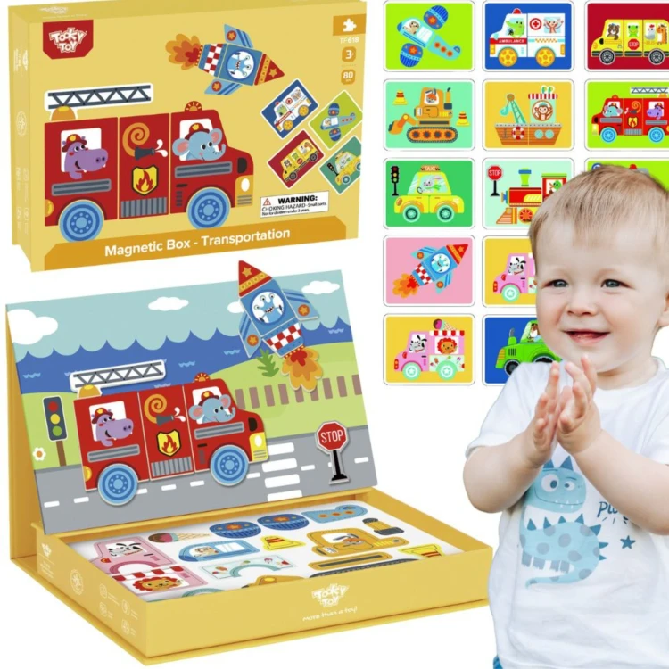 Boczny widok pudełka układanki TOOKY TOY — grafika opakowania i etykiety widoczne z profilu