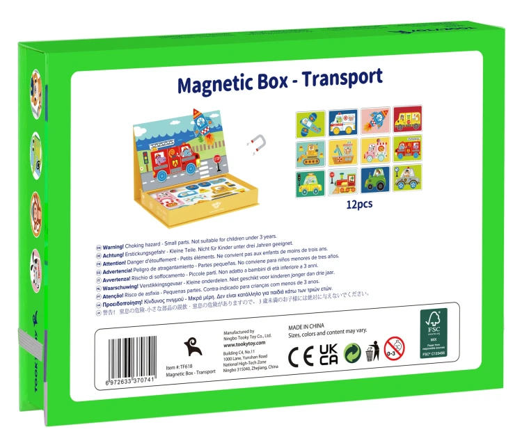 Kolorowe magnetyczne elementy TOOKY TOY w pudełku sortera — ujęcie od przodu z otwartą pokrywą
