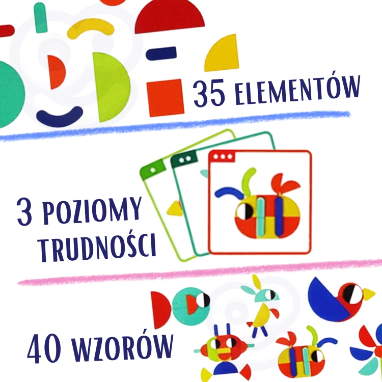 Widok elementów układanki WOOPIE GREEN na jasnym tle z równomiernym oświetleniem studyjnym i cieniem