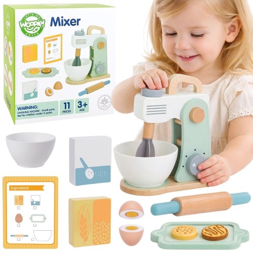 WOOPIE GREEN drewniany mikser kuchenny Blender z akcesoriami 11 el. — front, cały zestaw pokazany na białym tle