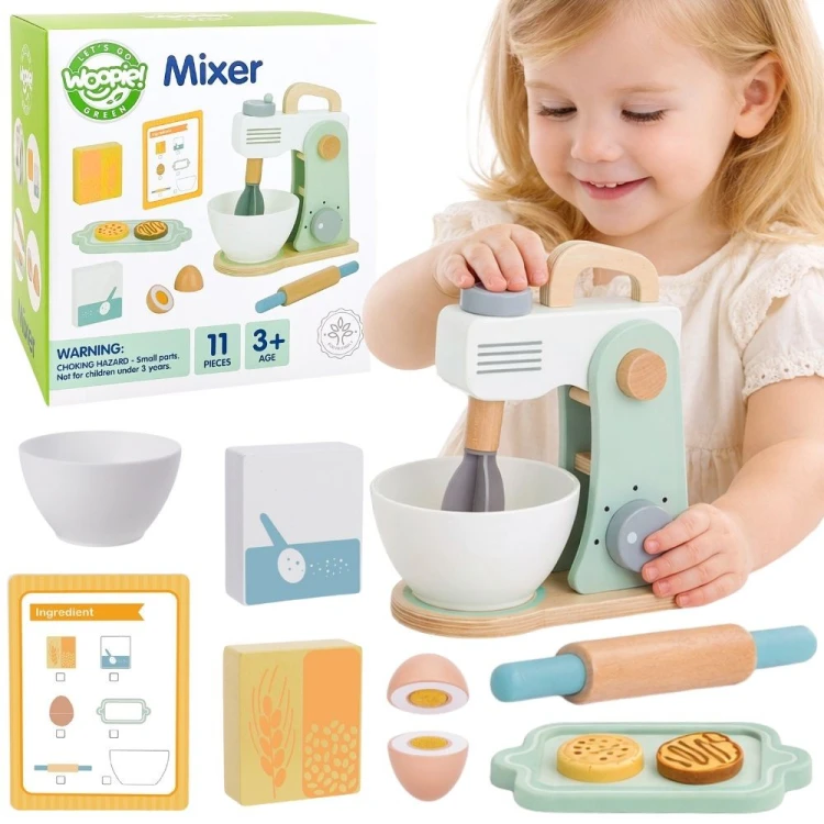 WOOPIE GREEN drewniany mikser kuchenny Blender z akcesoriami 11 el. — front, cały zestaw pokazany na białym tle