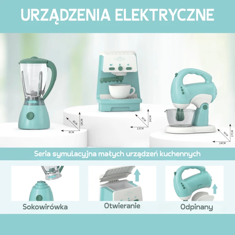 Dziecko bawi się zestawem AGD WOOPIE — scena użycia z filiżankami i naczyniami na stole kuchennym