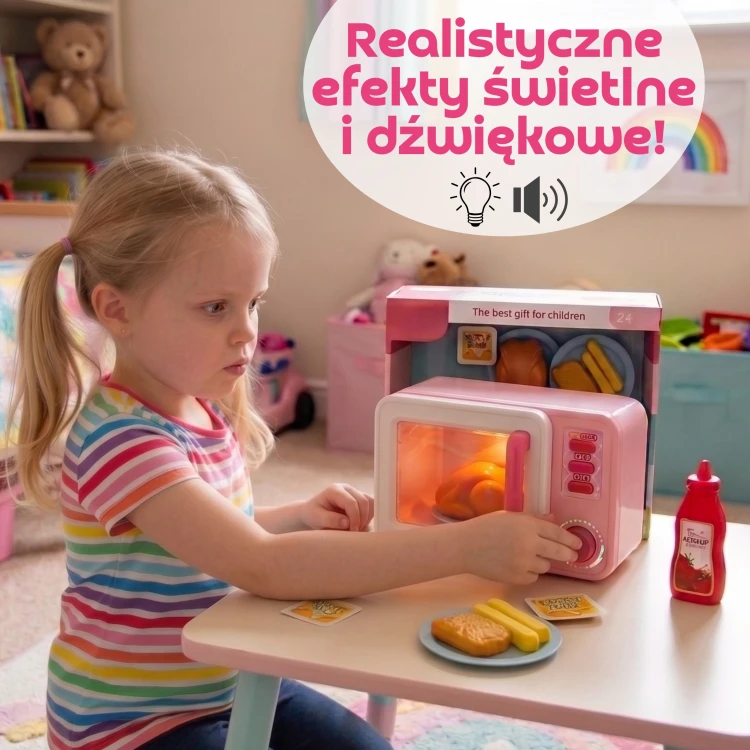 Dziecko bawiące się różową kuchenką z kurczakiem 93 — otwarte drzwi i plastikowe naczynia obok