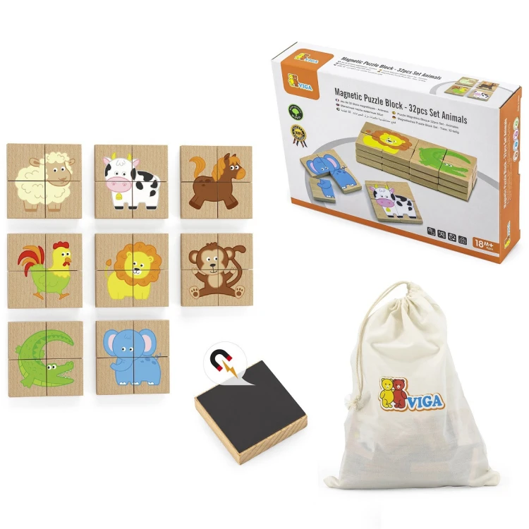 Drewniane puzzle magnetyczne VIGA — kolorowe zwierzęta na planszy, certyfikat FSC