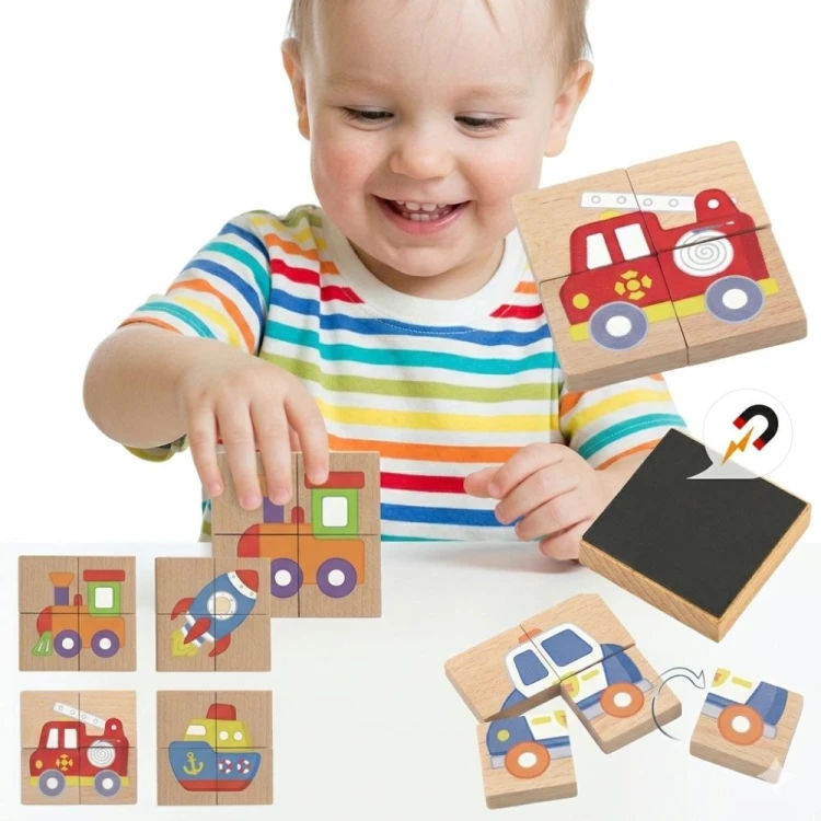 Układanka drewniana Montessori z pojazdami Viga — kolorowe, magnetyczne puzzle edukacyjne do dopasowywania