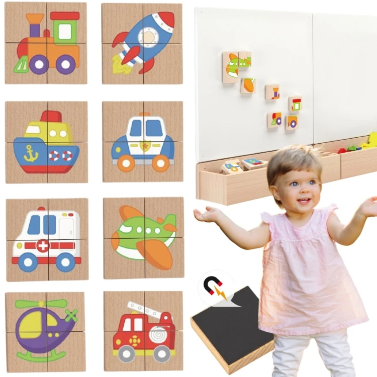 Widok z góry na magnetyczne puzzle Viga — drewniane pojazdy ułożone na planszy, widać kolory i kształty