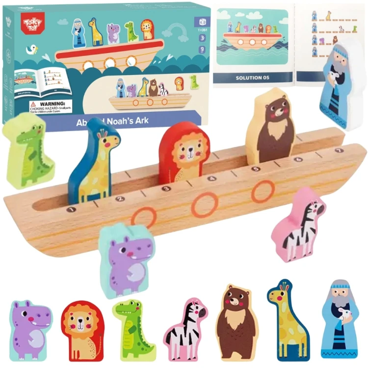 TOOKY TOY Drewniana układanka Noe i Zwierzęta — zestaw z kolorowymi drewnianymi figurkami na planszy