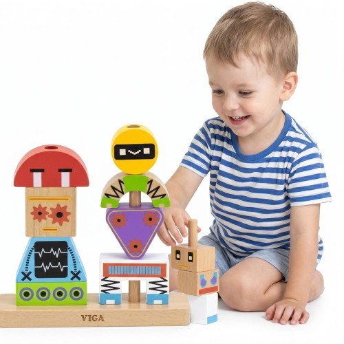 VIGA Drewniana układanka Montessori — piramidka z robotami i klockami edukacyjnymi 8el na stole
