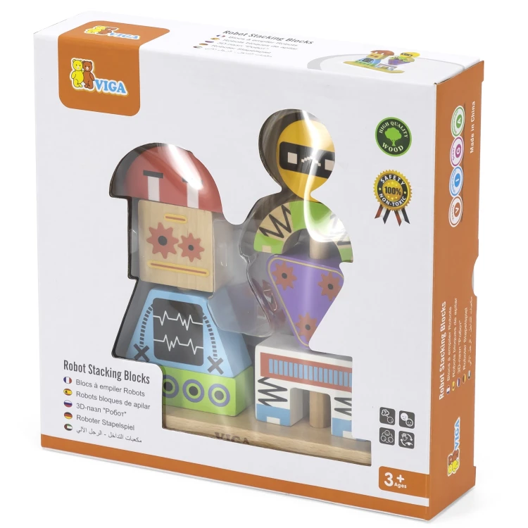 Kompozycja piramidki i robotów ułożona na stole — układanka Montessori VIGA w aranżacji