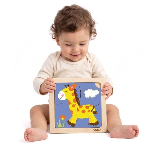 Drewniane puzzle VIGA — edukacyjna układanka żyrafa 4 elementy, widok z przodu na całą figurę