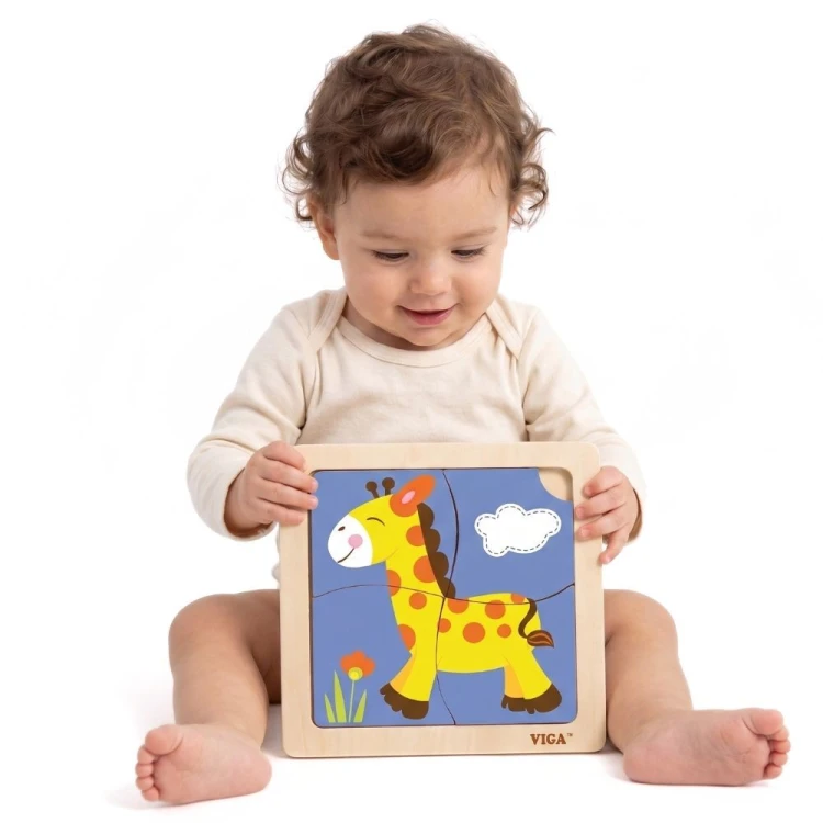 Drewniane puzzle VIGA — edukacyjna układanka żyrafa 4 elementy, widok z przodu na całą figurę