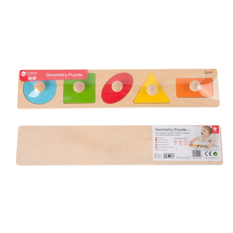 Komplet 6 elementów ułożony obok planszy — kształty i żywe kolory układanki MONTESSORI CLASSIC WORLD